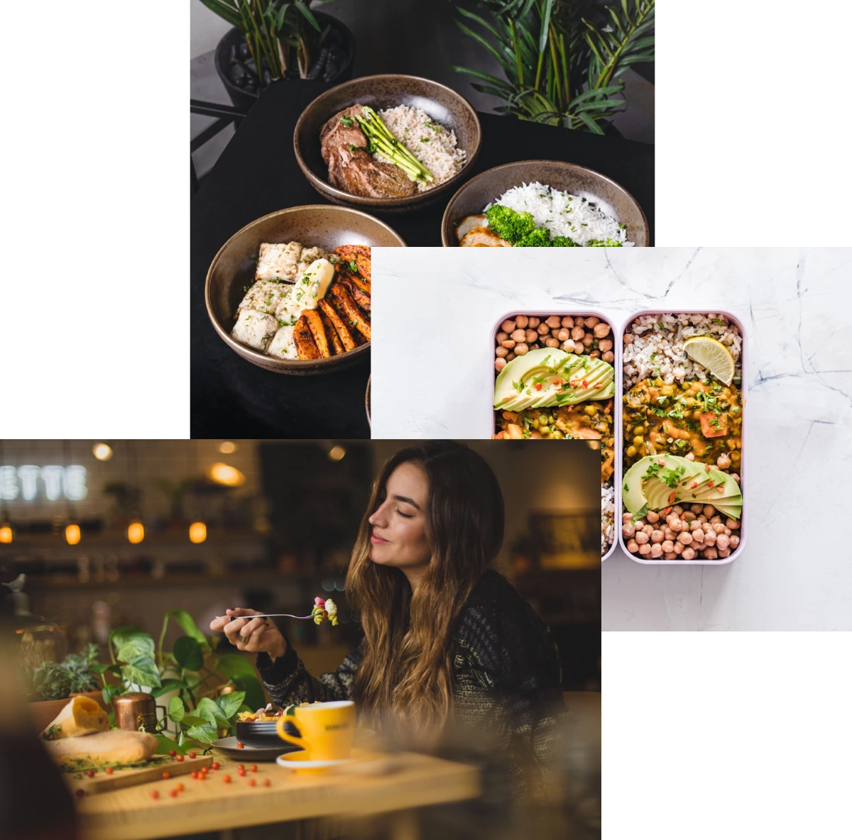 women enjoying food, meals in storage container. and food bowls on a table